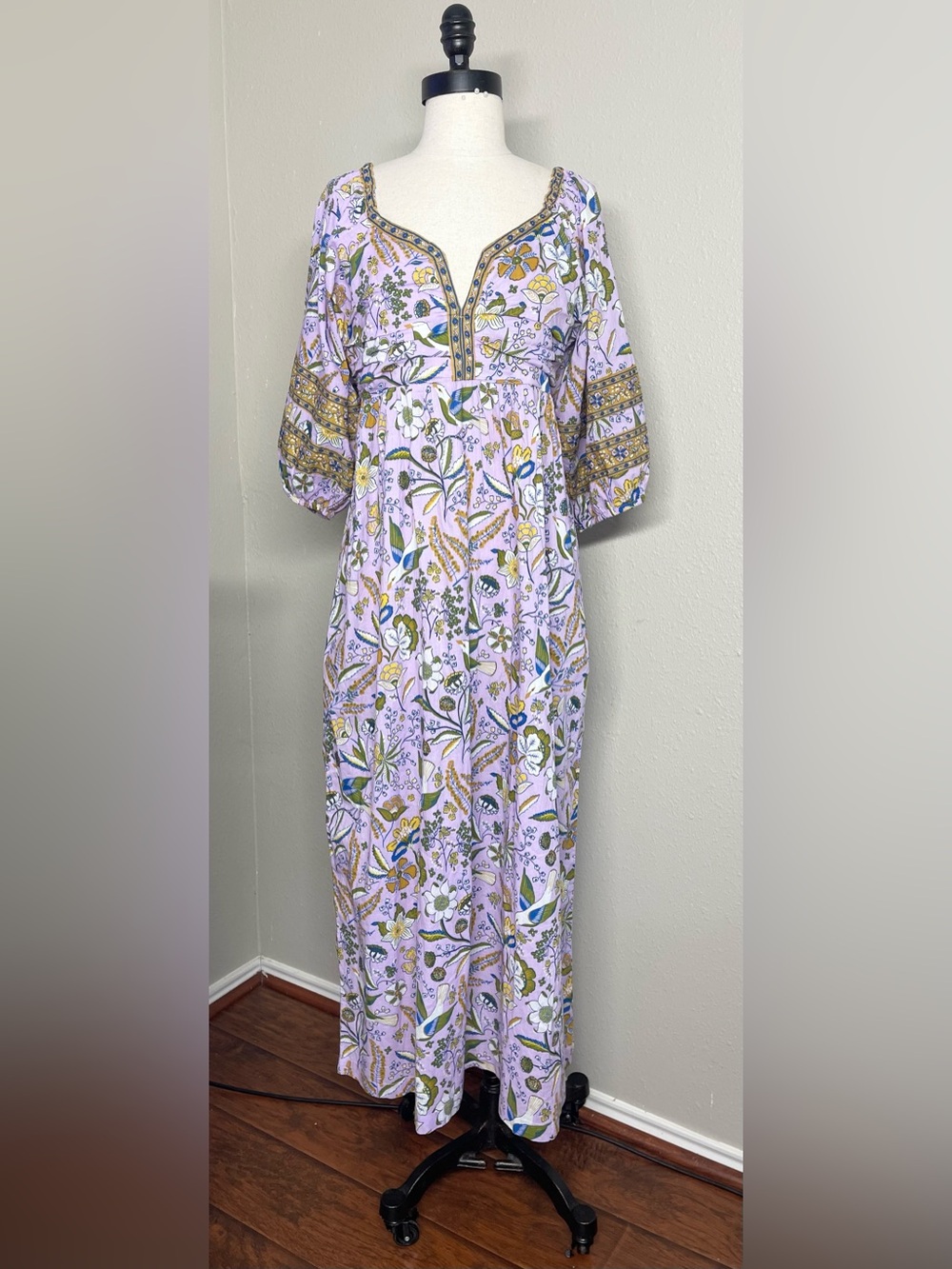 NWT Printfresh Lilac Floral Cotton Maxi Dress with Puff Sleeves M - Picture 3 of 5
